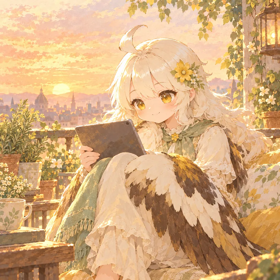 娘化白头海雕女孩在阳台花园用平板复盘项目